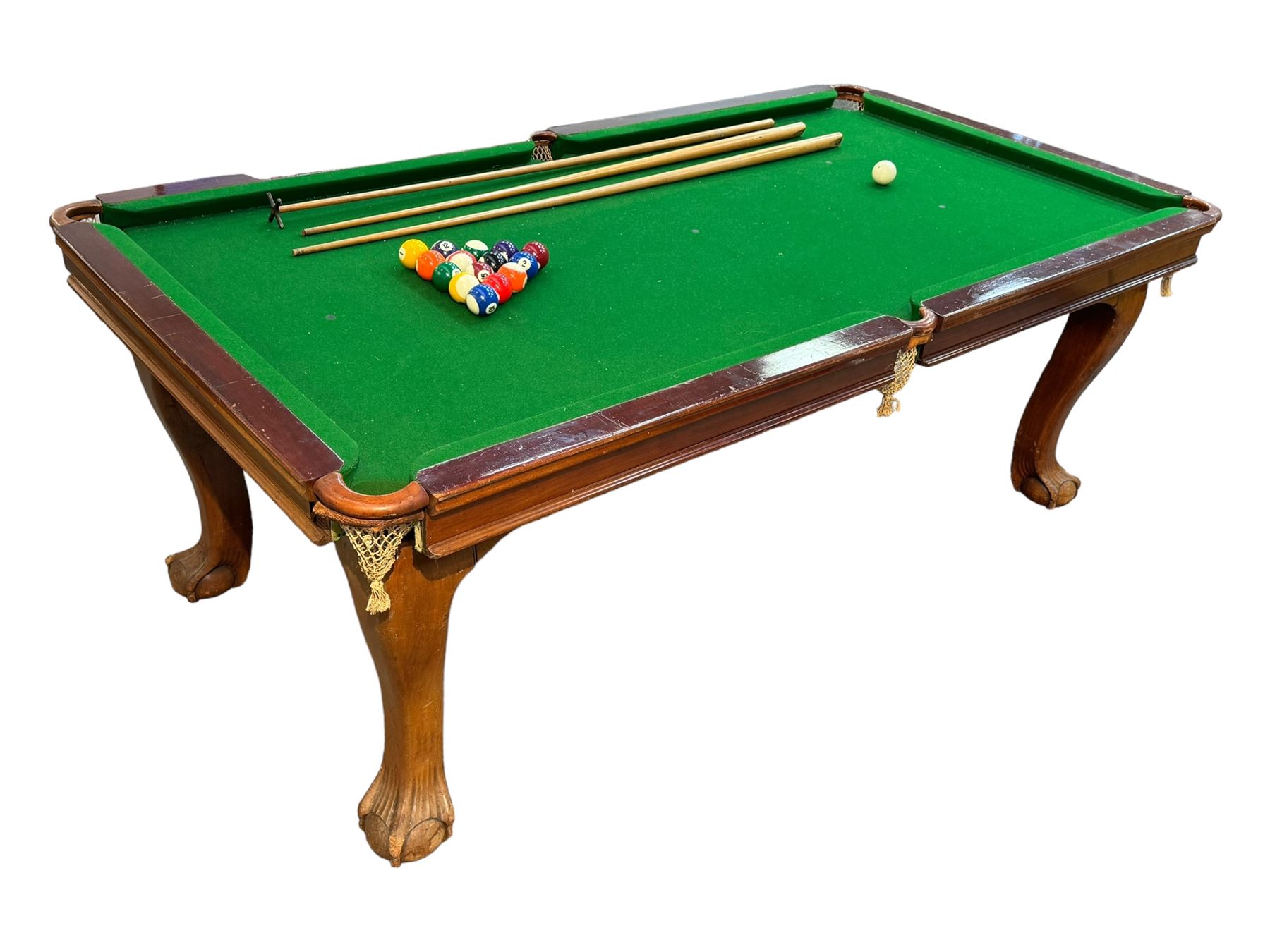 Riley - mahogany slate bed snooker dining table, green baize playing surface fitted with leather net pockets, raised on cabriole supports ending in ball and claw feet; together with set of Riley cues, balls and scoreboard