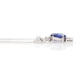 18ct white gold sapphire and diamond pendant necklace, the round brilliant cut diamond bow, suspending a pear cut sapphire and four round brilliant cut diamonds, stamped 750, sapphire approx 3.80 carat, total diamond weight approx 0.45 carat