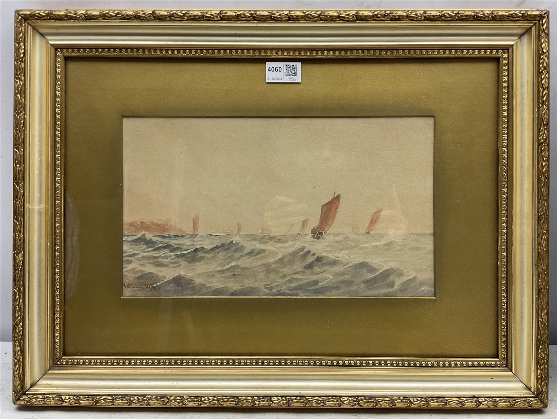 Watson (British early 20th century): Seascape, watercolour signed and dated 1910, 20cm x 34cm; T Joelson (British early 20th century): Coastal Seascape with Figure and Sailing Boat, oil on canvas signed and dated 1911, 30cm x 40cm (2)