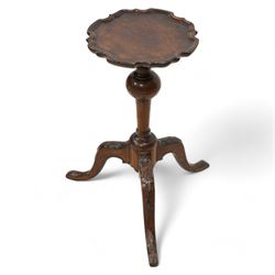 18th century mahogany tripod kettle stand or wine table, moulded and shaped pie crust top, on tapering column with bulbous and ring turning, on foliate cartouche carved splayed supports with foliage carved terminals 