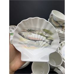 Portmeirion Complete Angler part tea and dinner service, including eleven dinner plates, five bowls, seven mugs etc together with two Royal Worcester cups and saucers