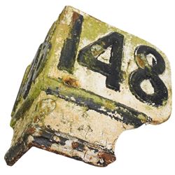 Railway cast iron marker no. 148, white with black raised lettering, H30cm x W36cm