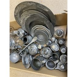 Group of assorted pewter, to include plates of various size, cruets, candlesticks, jugs, teapots, glass steins with pewter covers, etc., in one box