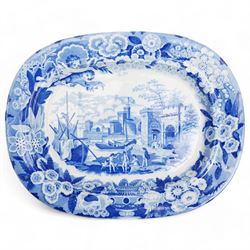 Don Pottery blue and white transfer printed meat plate decorated in the 'Port of Alicata', impressed 14, L37.5cm, together with another Don Pottery meat plate, decorated with figures in a landscape, printed mark, L53.5cm 