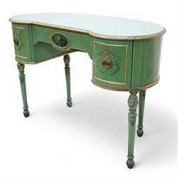 Edwardian Adam Revival green-painted and parcel gilt kneehole desk or dressing table, kidney shaped form with foliate carved edge, fitted with three drawers painted with urn and fruiting laurel wreaths with ribbon ties, on acanthus leaf and draped festoon decorated turned supports 