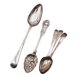 William IV Scottish silver thread and shell pattern spoon with later berry struck bowl, hallmarked William Russell II, Glasgow 1836, together with a George III silver Old English pattern dessert spoon, hallmarked William Davie, Edinburgh 1785 and a set of three Hester Bateman teaspoons with bottom struck hallmarks 