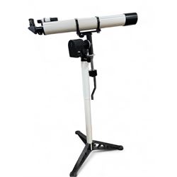 Tal-100R refractor telescope, the objective lens with dark purple coating and cylinder mounted with 6mm x 30mm finder scope, upon a pillar mount with right ascension clock drive, height when mounted H168cm, aperture 10cm, focal length 100cm 