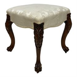 Georgian Irish mahogany dressing stool, overstuffed seat upholstered in in ivory damask fa...