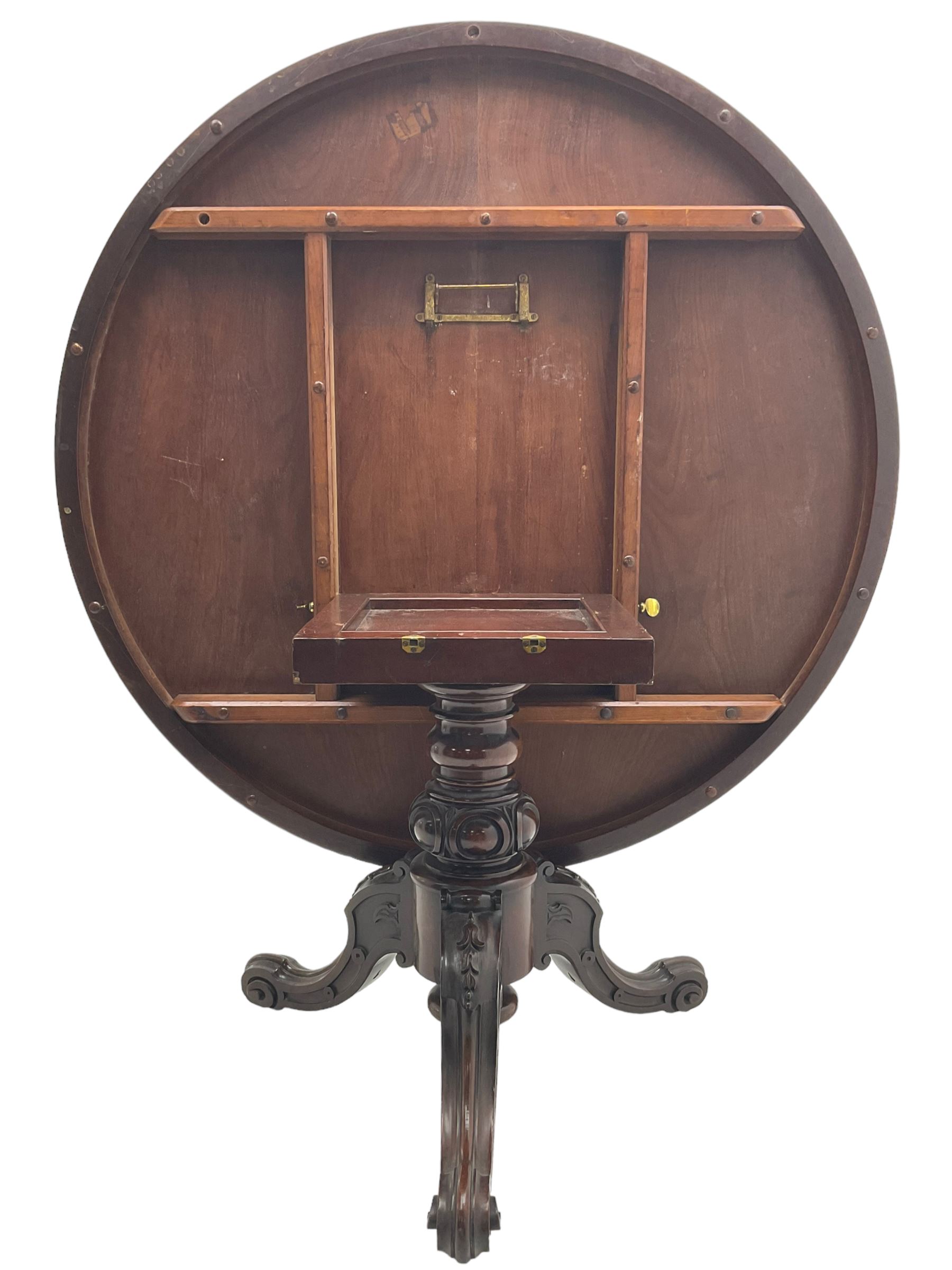 Victorian mahogany breakfast table, the circular tilt-top on carved pedestal, three moulded supports carved with bellflowers and scrolled terminals 