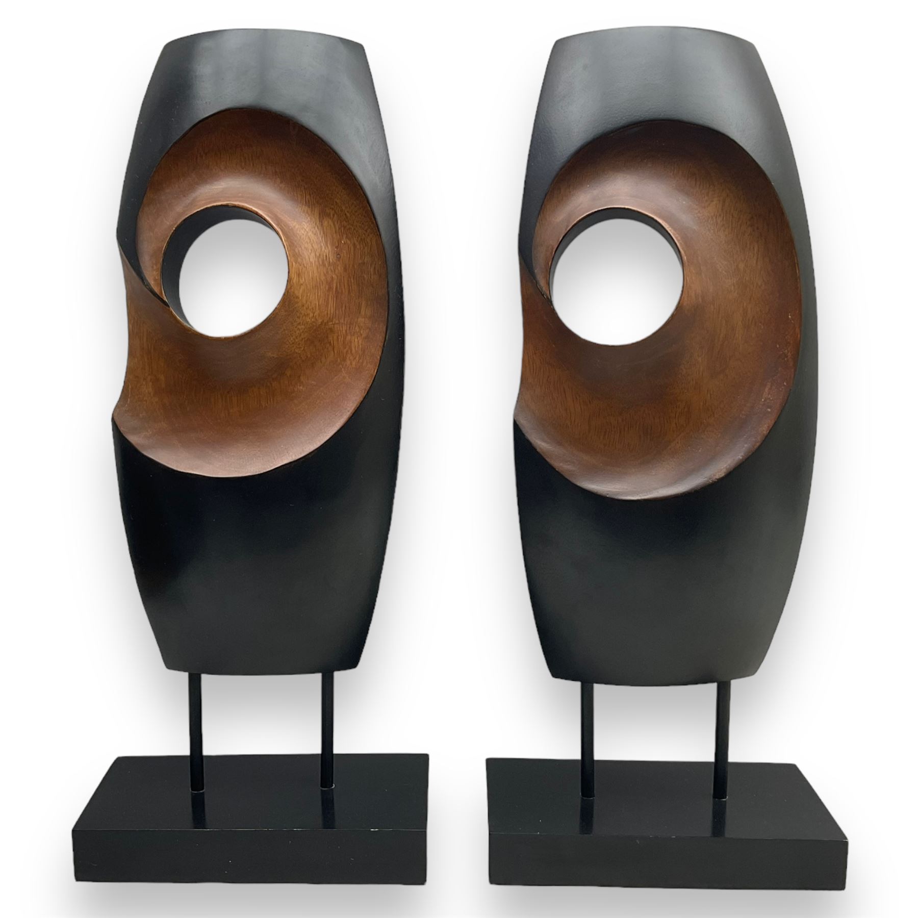 St Ives School (20th century): Abstracts, pair of ebonised hardwood sculptures, H47.5cm including base