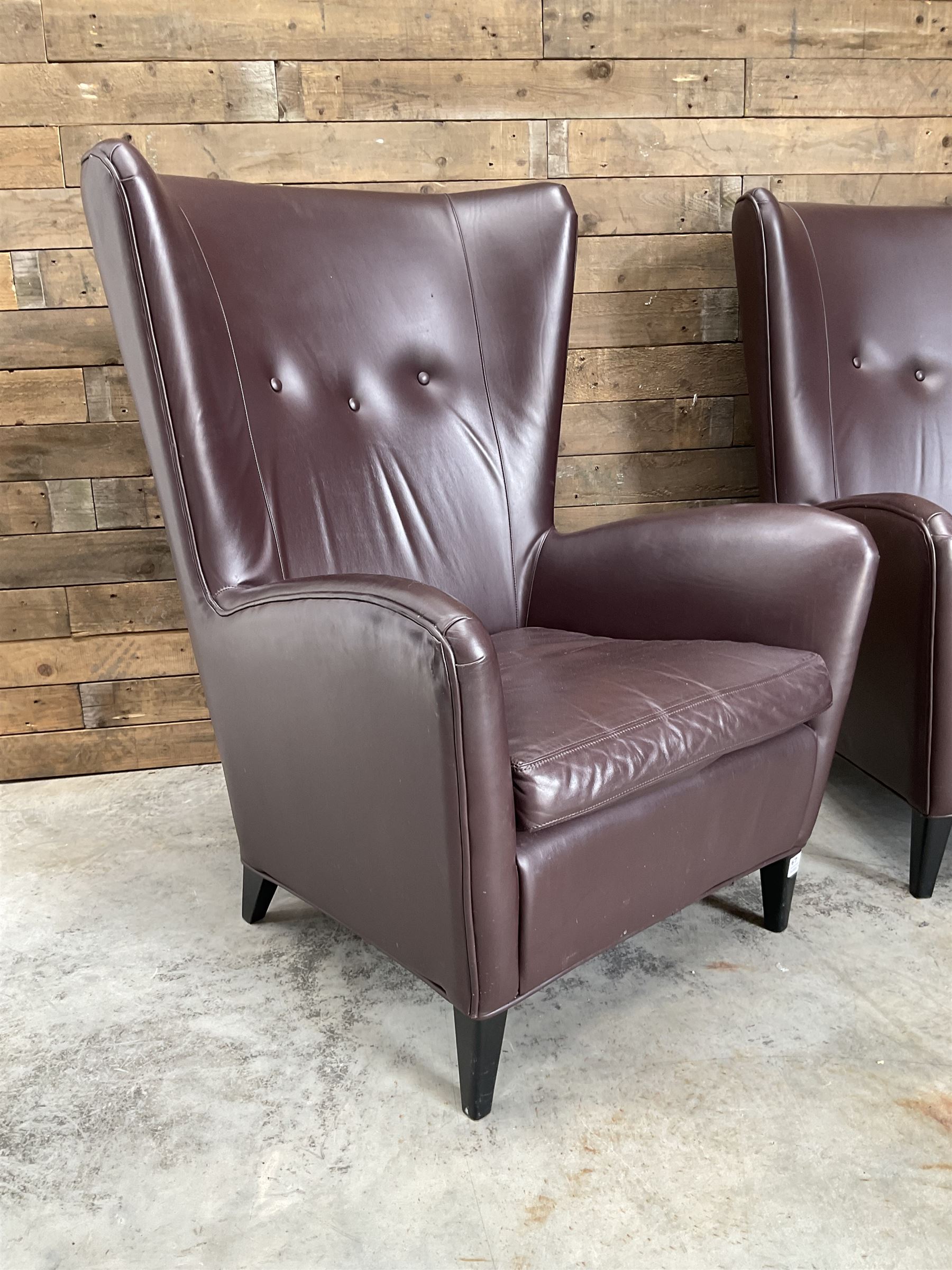 3 x Wing back armchair upholstered in cocoa brown leather