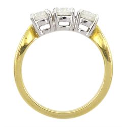 18ct gold three stone round brilliant cut diamond ring, hallmarked, total diamond weight approx 1.25 carat