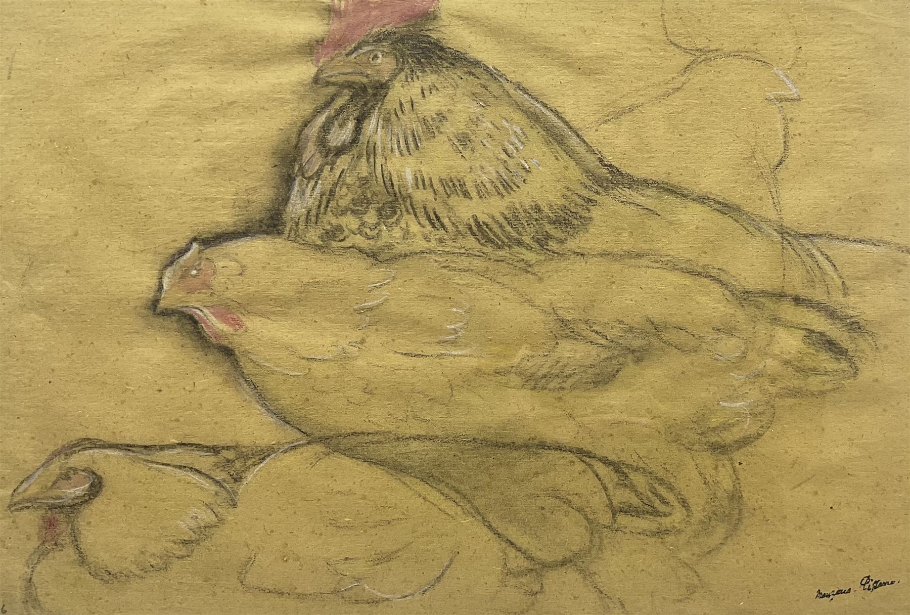 Georges Henri Manzana-Pissarro (French 1871-1961): Study of Hens, charcoal on buff paper highlighted with watercolour and crayon signed with the Artist's Stamp 33cm x 48cm