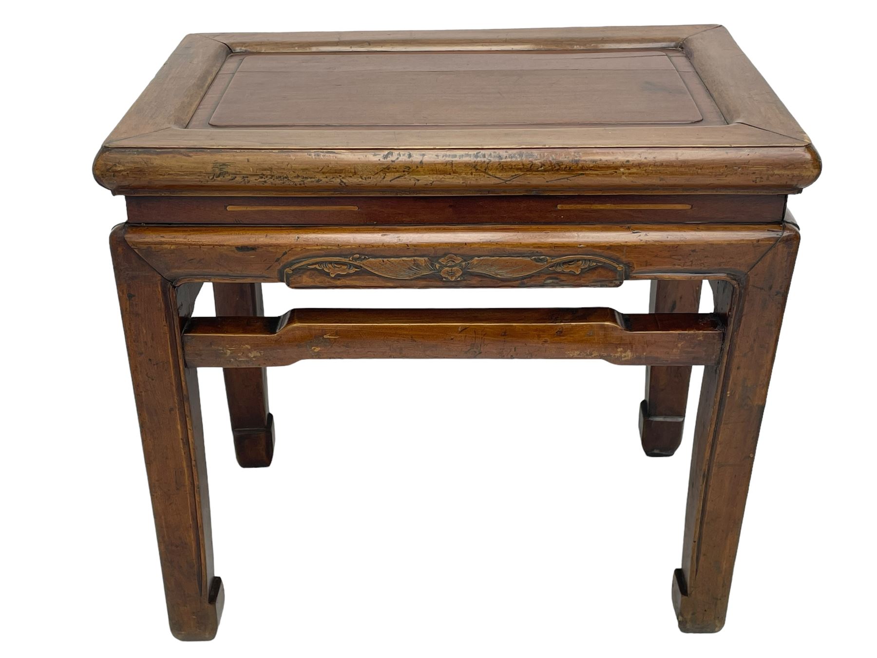 Pair of Chinese Hong Kong hardwood side tables, rectangular panelled top within moulded frame, the frieze rails carved with bats, on square supports terminating to hoof feet, united by shaped upper rails