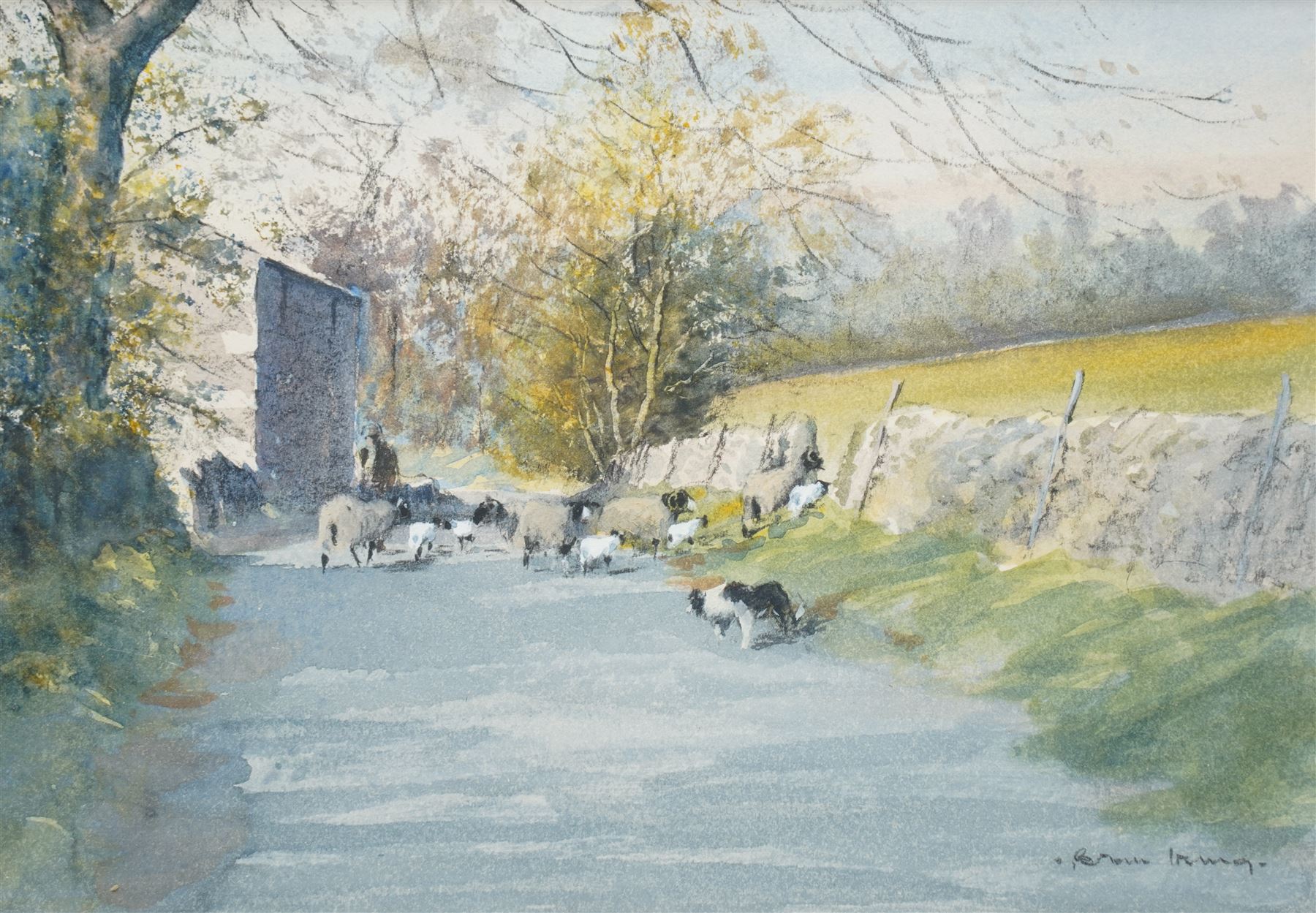 Brian Irving (British 1931-2013): Herding Sheep Down a Country Lane, watercolour signed 17cm x 25cm