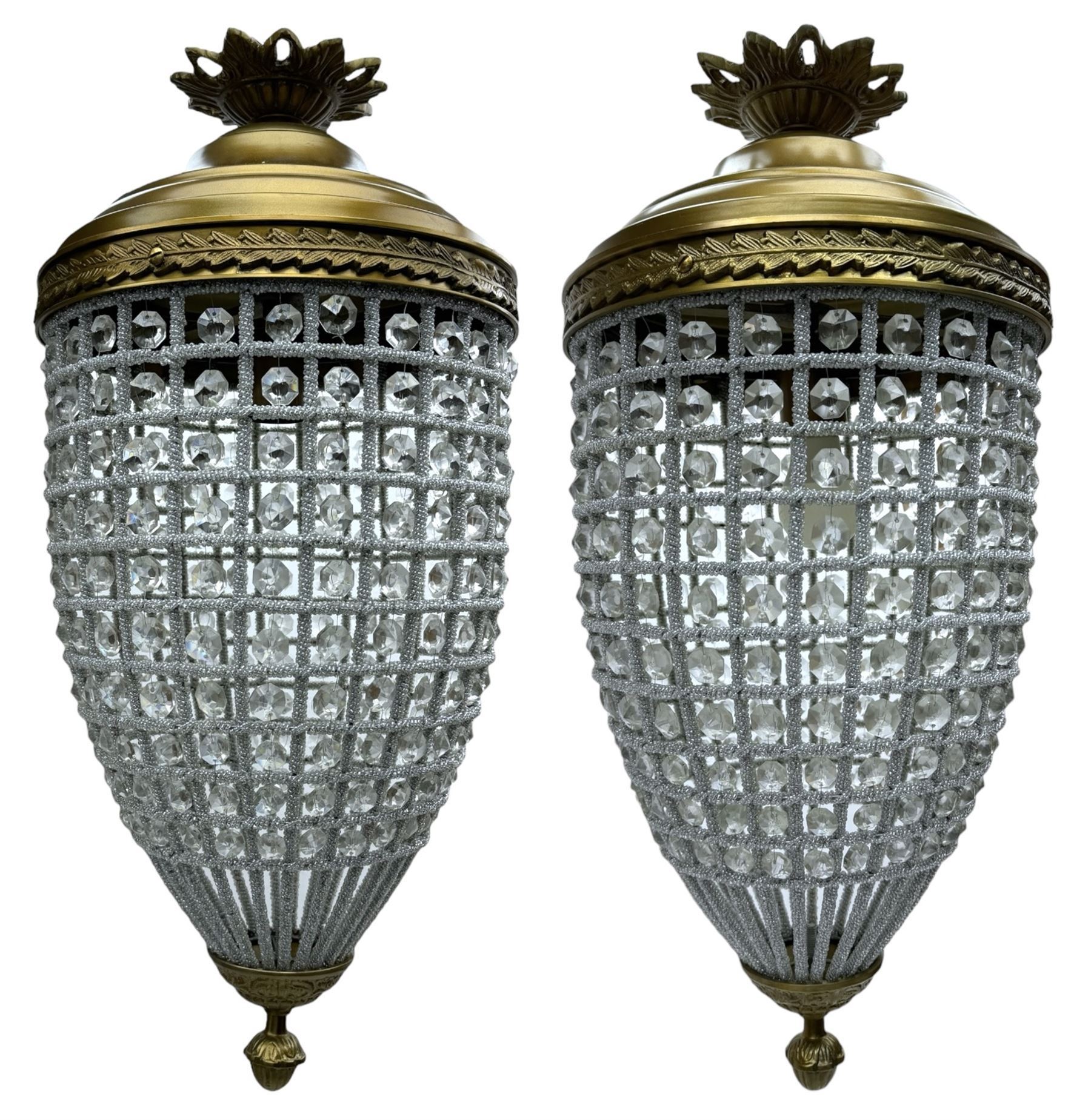 India Jane Interiors - pair of gilt metal and glass pineapple ceiling light pendants, tapered form and decorated with glass beads and pendants, foliage cast metal upper band, mounted by lower finial - ex-display/bankruptcy stock