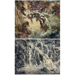 Watt (British 20th century): 'Hill Burn in Spate' and 'Cascades', pair impasto oils on board signed and dated 1984, max 23cm x 29cm (2)