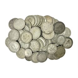 Approximately 710 grams of Great British pre 1947 silver coins, including one florins, one shillings and sixpence pieces 