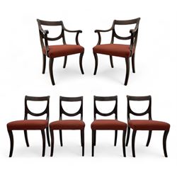 Set of six (4+2) George III design mahogany dining chairs, curved reed moulded bar back over curved and reeded middle rail, upholstered in red fabric with repeating pattern, on moulded sabre supports 