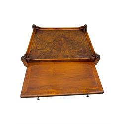 Wade - pair of Georgian design yew wood bedside or lamp tables, each with raised tray top over single shelf, the lower section fitted with two drawers with brass ring handles, raised on turned supports