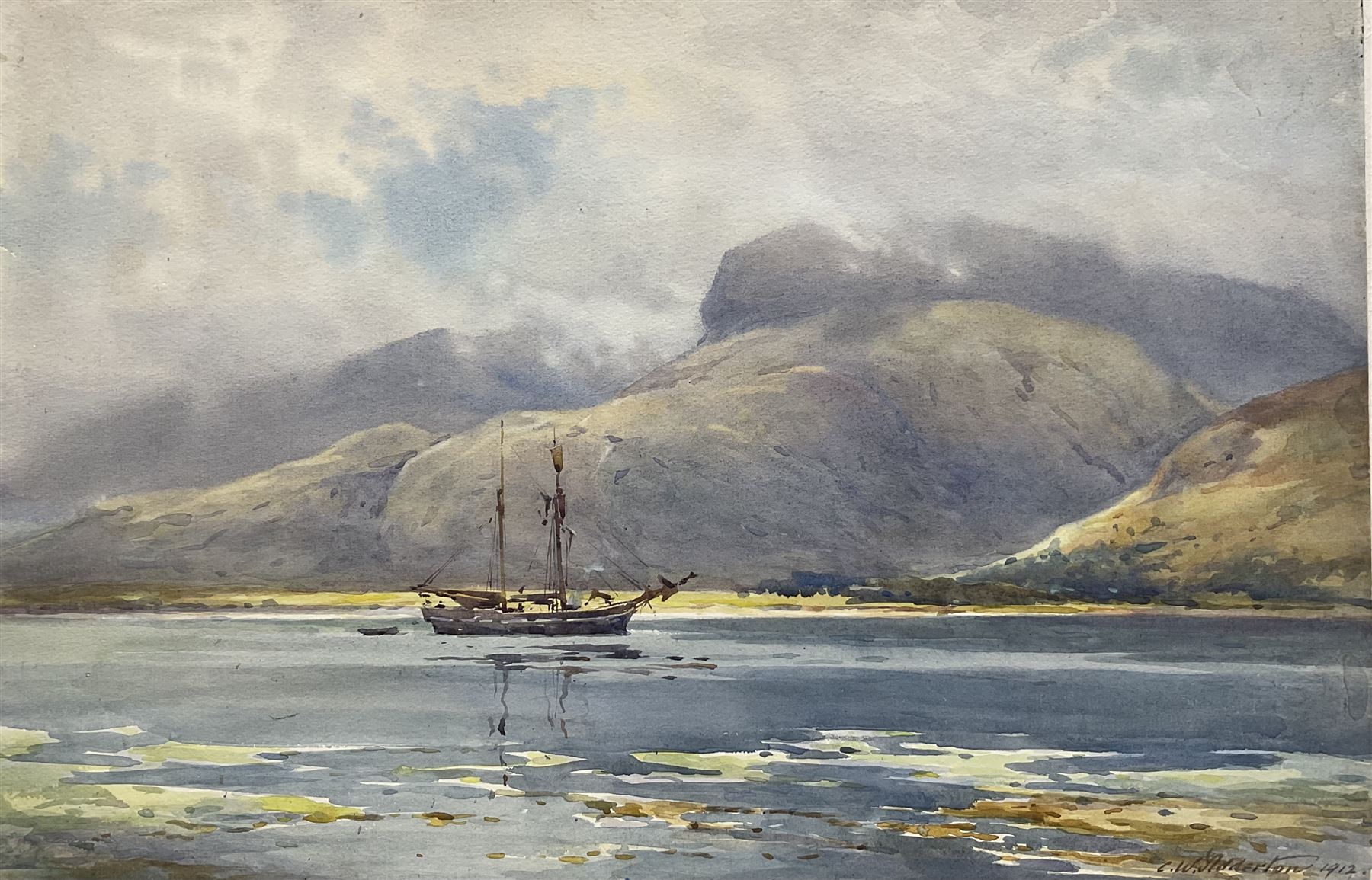 Charles William Adderton (British 1866-1944): 'Ben Nevis from Fort William', watercolour signed and dated 1912, titled verso 31cm x 47cm (unframed)
Provenance: direct from the family of the artist Harry Wanless 1872-1934, part of a collection never previously seen on the market
Notes: Adderton was a friend of the brothers Harry and Charles Wanless, all of whom studied under Albert Strange at the Scarborough School of Art School. Adderton had a studio at 55 Sandside, Scarborough between 1894 and 1901, he moved to Ockbrook Derby and later to Robin Hoods Bay where he was a member of the Fylingdales Group of Artists