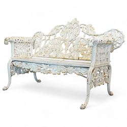 Coalbrookdale design - early 20th century cast iron oak leaf and acorn bench, white painte...