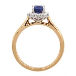 18ct rose gold oval cut sapphire and round brilliant cut diamond cluster ring, hallmarked, sapphire approx 1.25 carat