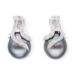 Pair of 18ct white gold Tahitian pearl and round brilliant cut diamond pendant stud earrings, total diamond weight 0.32 carat