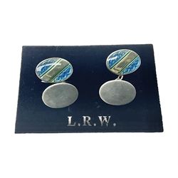 Pair of silver blue enamel cufflinks, hallmarked 