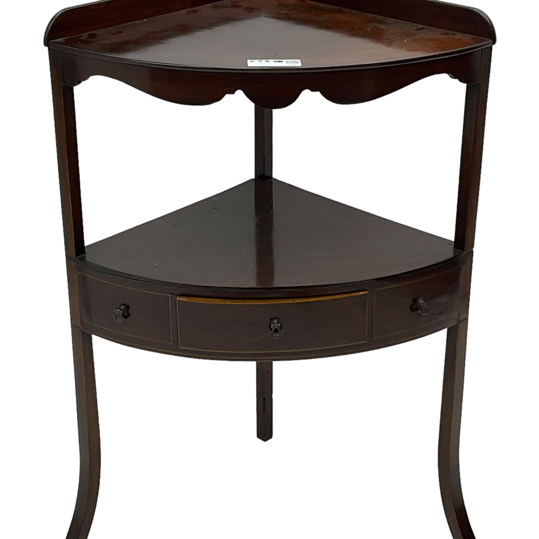 Early 19th century mahogany two-tier corner washstand (W58cm, H82cm); 20th century mahogany console table, on turned supports (W76cm, H75cm, D26cm)