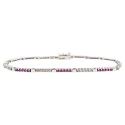 18ct white gold round cut ruby and round brilliant cut diamond bracelet, stamped K18, tota...