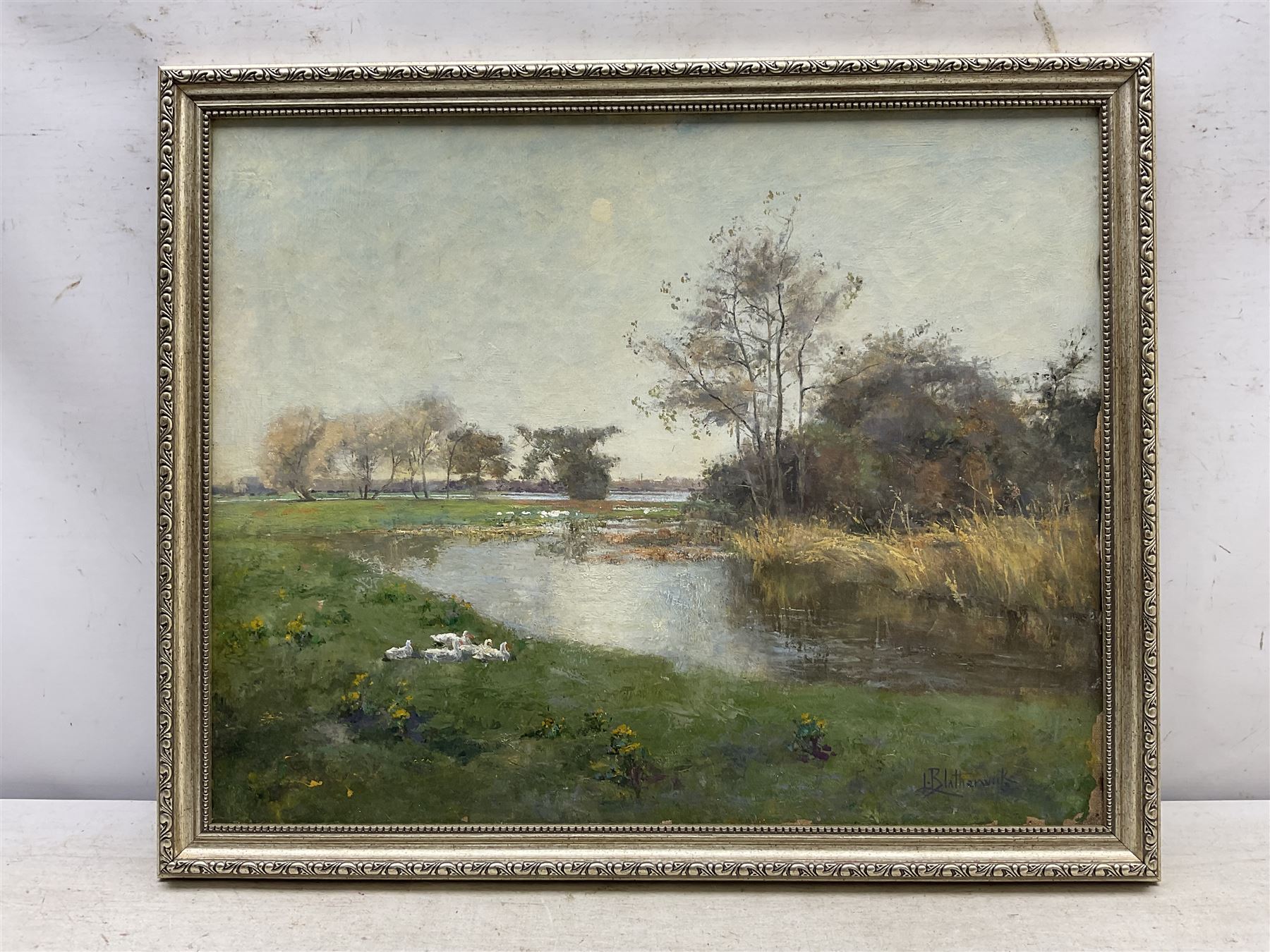 Lily Blatherwick (British 1854-1934): Geese Resting by the Lakeside, oil on canvas signed 42cm x 52cm 