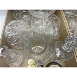 Large collection of crystal glassware, together with glass decanters, bowls, covered bon bon dish etc, in two boxes 