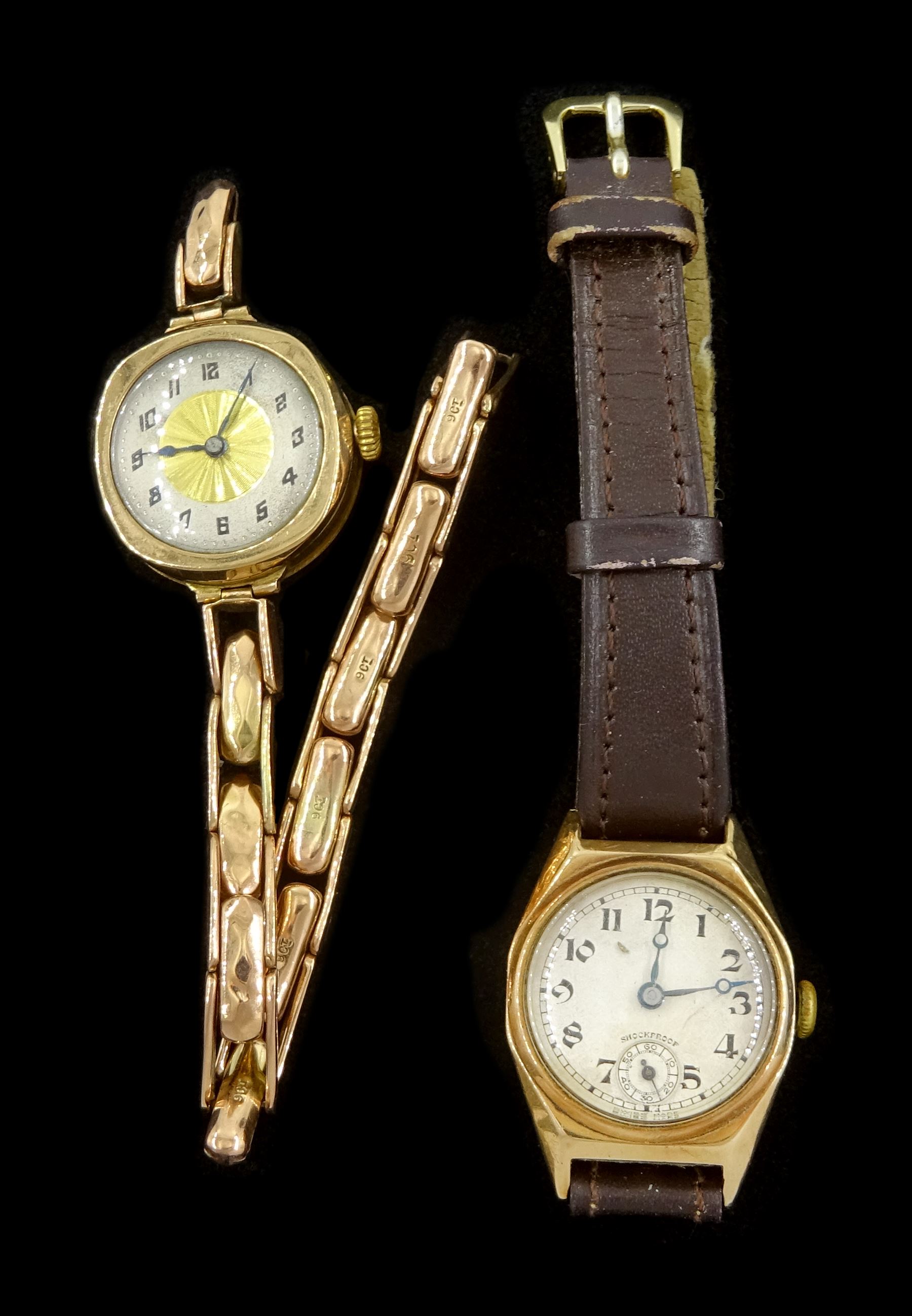 Early 20th century gold manual wind wristwatch, on gold expanding strap, both 9ct and a 9ct gold manual wind wristwatch, on brown leather strap