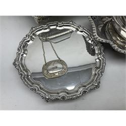 Silver plated waiter with embossed rim, together with another similar waiter, silver plated trays, cheese dome and a glass serving dishes, etc