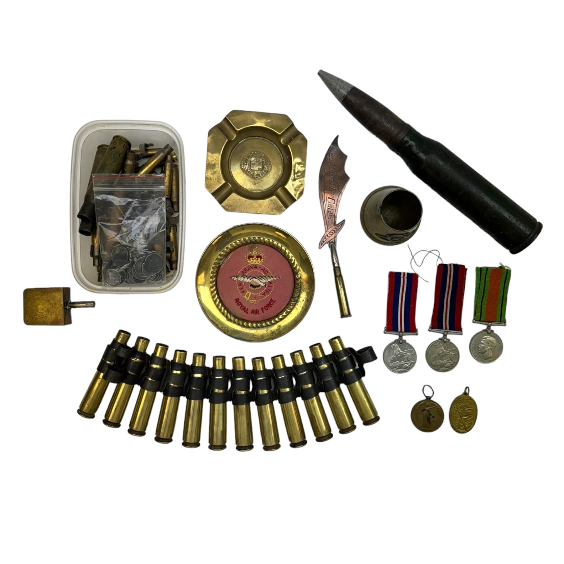 WWI Victory medal, German WWI Prussia Kyffhauser Land Forces Veterans medal, together with three WWII medals, trench art, shell casings and other military items 