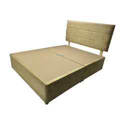 Queen size divan bed, upholstered in light gold fabric with high padded headboard, box base with double storage drawer; with Dreamland ‘Evergreen’ aloe vera pocket sprung mattress (200 x 150 x 28cm)