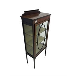 Edwardian inlaid mahogany display cabinet, shaped and raised back over single astragal glazed door, interior lined and fitted with two shelves, raised on square tapering supports