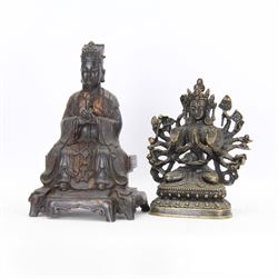 Chinese bronzed figure of Wenchang Wang (Wendi), with traces of gilt, together with Small brass Guanyin figure, largest H23cm