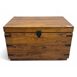 Hardwood and metal bound chest, enclosed by hinged lid, fitted with metal carrying handles