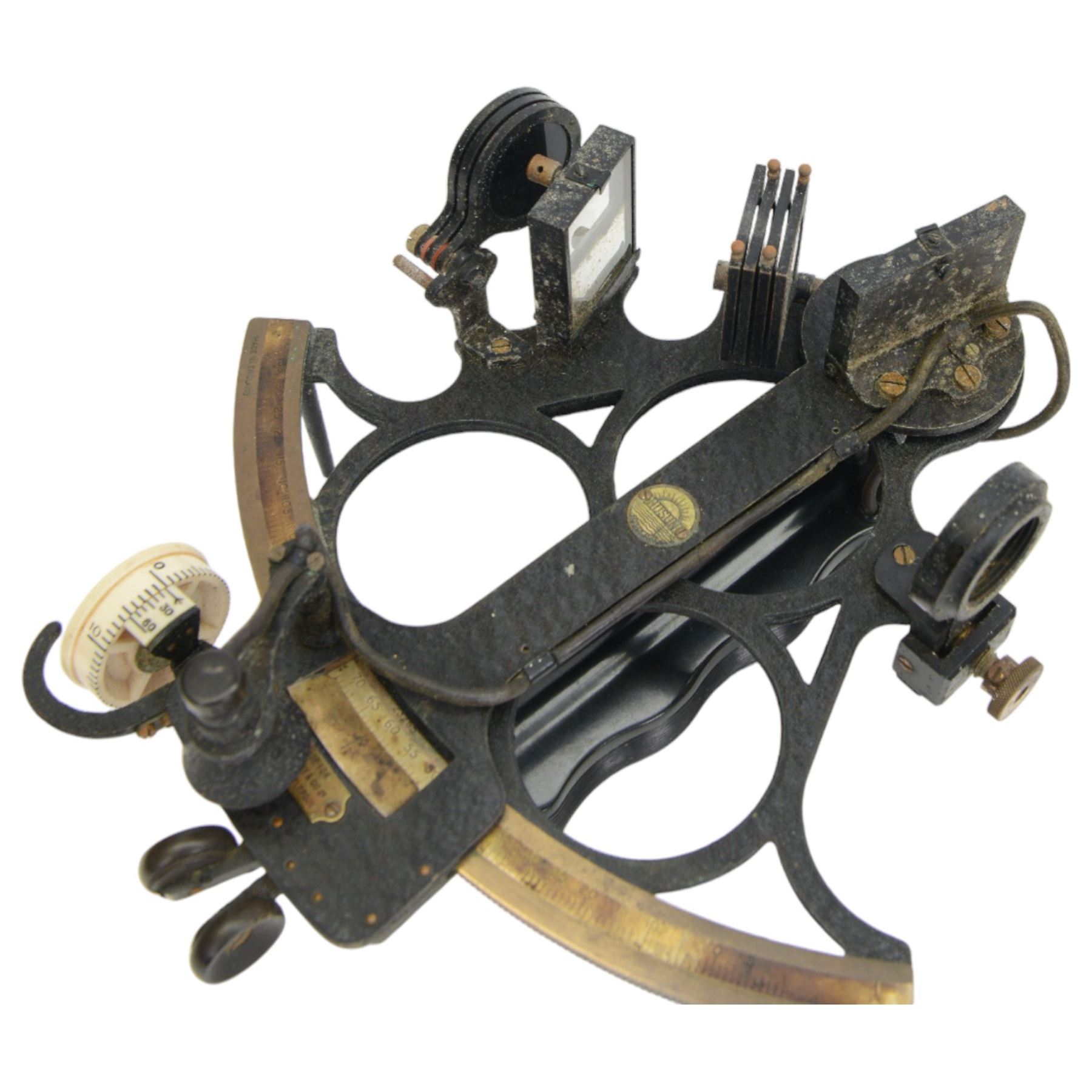 1940s Husun (Henry Hughes & Son Ltd) sextant no. 23265 in black finish, contained in fitted wooden case with service label dated 1940