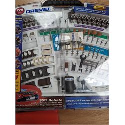 Dremel 400 XPR multi-tool, with a cased set of sanding, grinding, cutting and drilling attachments, vice, instructions etc