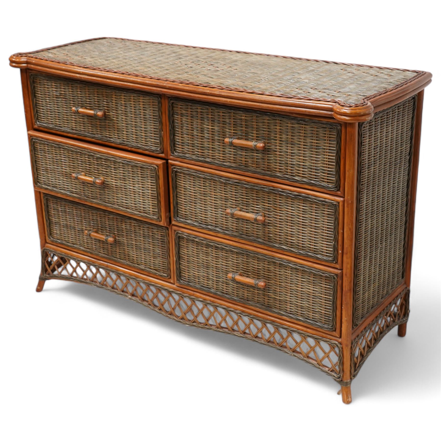 20th century rattan and cane chest in neutral tones, fitted with six drawers, lattice woven apron over splayed feet