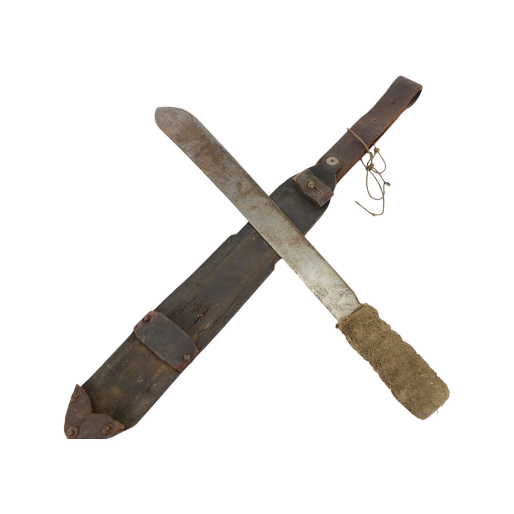 Sgian Dubh Scottish dagger, together Kniv knife, within stitched leather sheath, together with two other knives, machete and a carved spear 