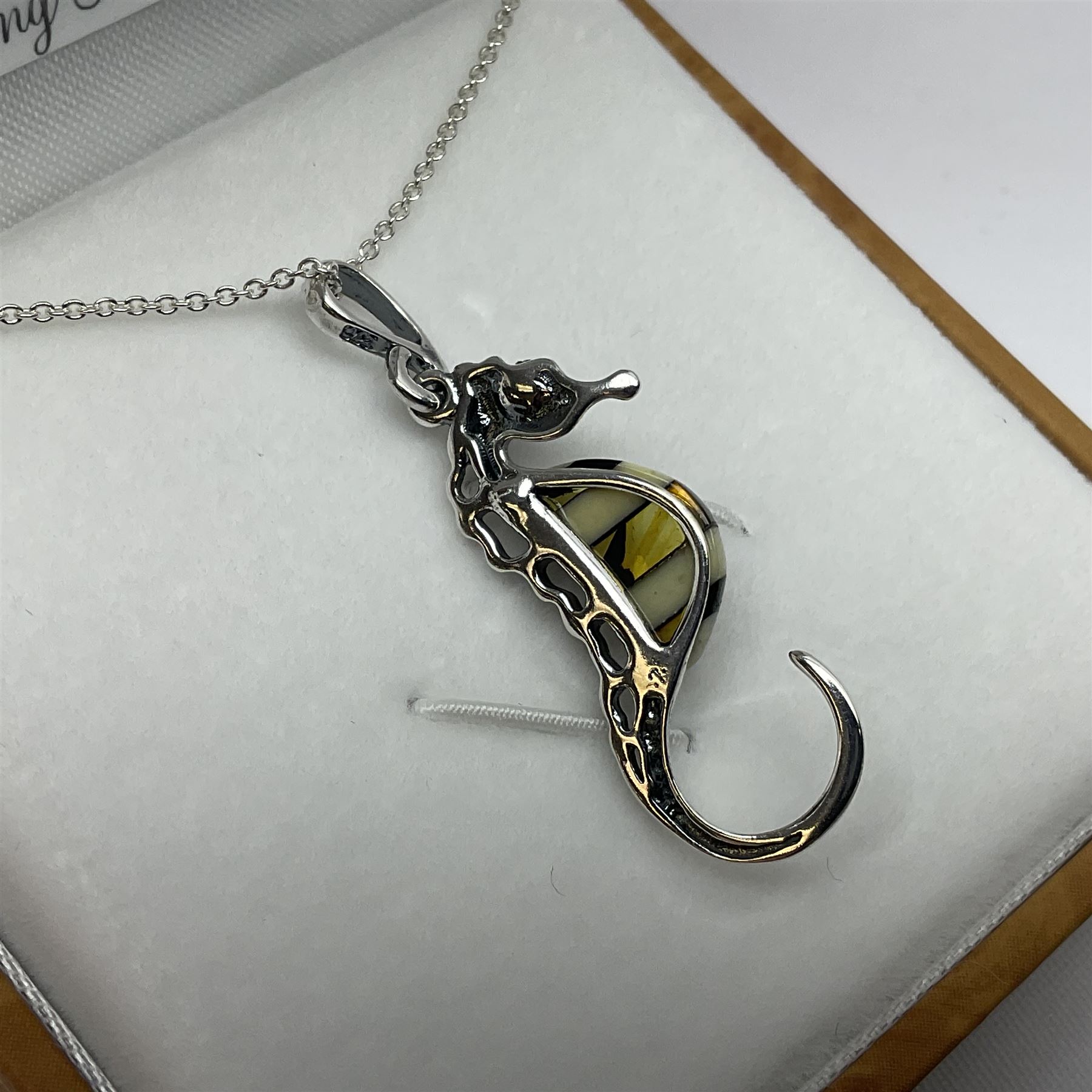 Silver Baltic amber seahorse pendant necklace, stamped 925, boxed 