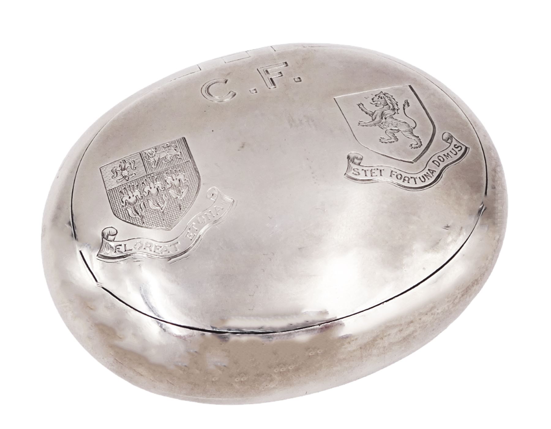 Early 20th century silver squeeze action snuff box, of oval form, engraved verso C.F. Rockcliffe, Darlington, the hinged lid engraved with initials CF and the crests for both Harrow School and Eton College, opening to reveal a gilt interior, hallmarked George Unite, Birmingham 1919, L8cm