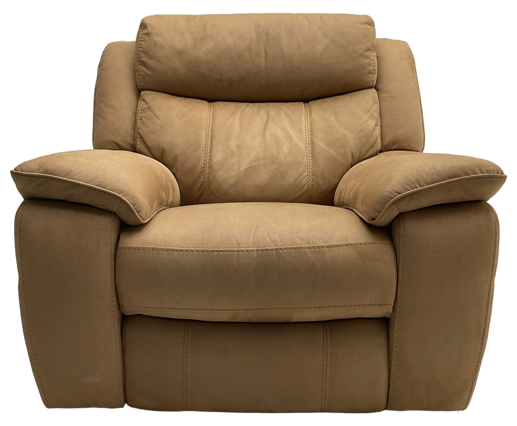 Electric reclining three-seat sofa (W213cm, H100cm) and matching armchair (W109cm) upholstered in brown fabric