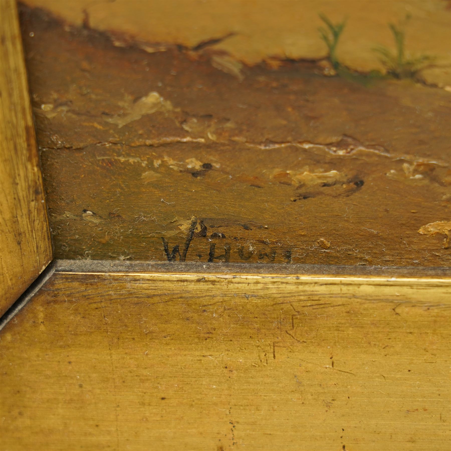 English Naive School (Early 20th century): Chickens and Fowl in the Farmyard, oil on canvas signed 'W Hunt' 21cm x 29cm