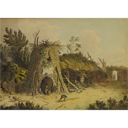  Attrib. Thomas Hearne (British 1744-1817): Town Street View, watercolour unsigned, attributed verso 12cm x 16cm and Figures in a Farm Setting, 19th/20th century watercolour unsigned 21cm x 29cm (2)  