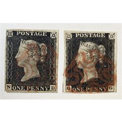 Two Great Britain Queen Victoria penny black stamps, both with red MX cancels 